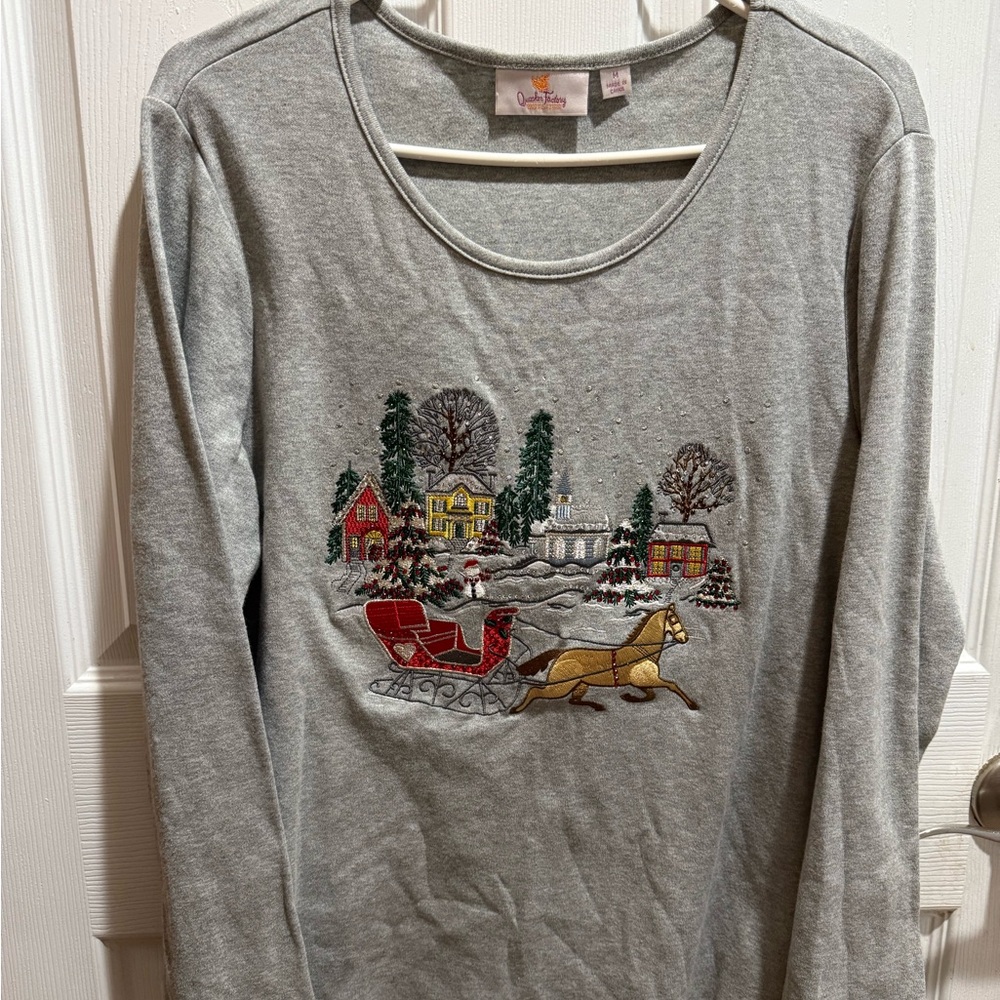 90’s Quacker Factory Christmas gray embroidered long sleeve top size medium
